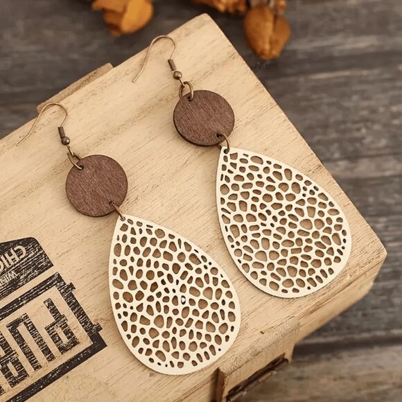 Lightweight Wooden Hollow Teardrop Dangle Earrings 2-Tone Fashion Jewelry Boho - Picture 3 of 5